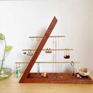 Hardwood Jewelry Organizer stand, Accessories Display Holder for Earing, Ring, Bracelet and Necklace, Organization with Tray, Gift for Her Mahogany