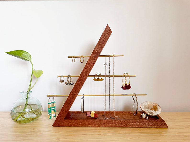Hardwood Jewelry Organizer stand, Accessories Display Holder for Earing, Ring, Bracelet and Necklace, Organization with Tray, Gift for Her Mahogany
