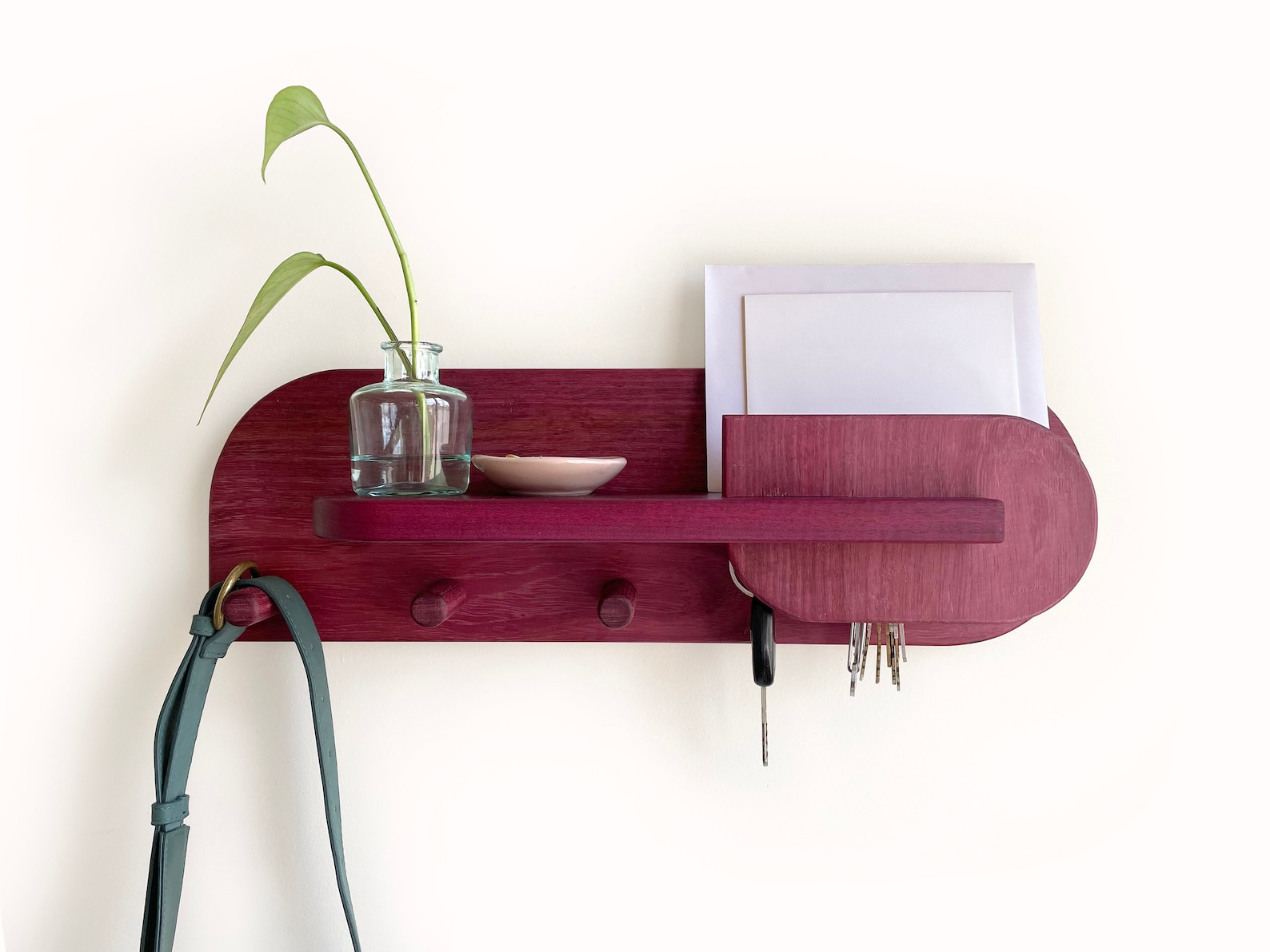 Purpleheart Wood Entryway Organizer, Mid Century Modern Wall Mount Coat Rack, Handmade in LA - A3