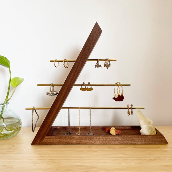 Handmade Hardwood Jewelry Organizer Stand – Earring, Ring, Bracelet & Necklace Holder with Tray – Gift for Her