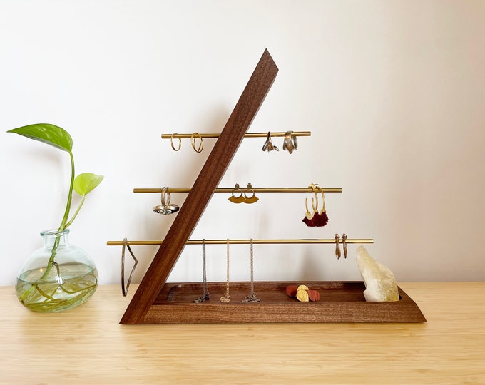 Handmade Hardwood Jewelry Organizer Stand – Earring, Ring, Bracelet & Necklace Holder with Tray – Gift for Her