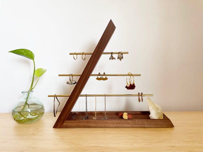 Hardwood Jewelry Organizer stand, Accessories Display Holder for Earing, Ring, Bracelet and Necklace, Organization with Tray, Gift for Her Walnut