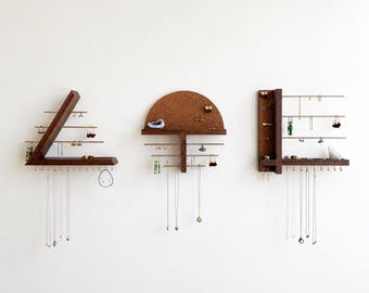 Solid Wood Jewelry Organizer Shelf | Wall Mounted Hardwood Display Holder