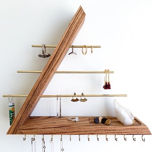 Organizador de joias em madeira de zebrano – Suporte de colar de madeira maciça para parede, expositor de brincos e anéis, prateleira flutuante minimalista, presente para ela
