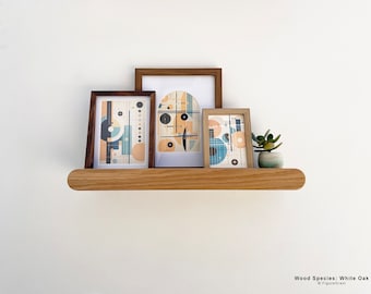 Hardwood Mid-Century Picture Ledge Shelf - Floating Wooden Shelves for Gallery Wall, Photos, Greeting Cards, Small Planters and Décor