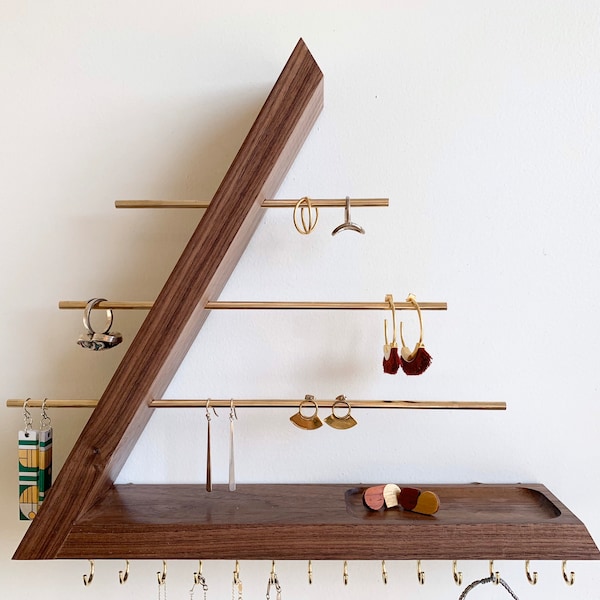 Walnut Jewelry Organizer – Wall Mounted Floating Shelf, Solid Wood Earring & Necklace Holder, Gift for Her