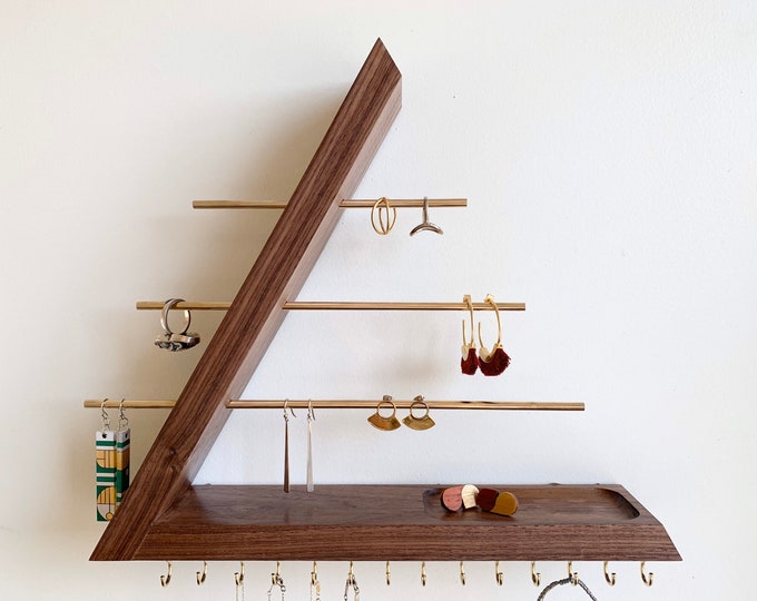 Walnut Jewelry Organizer – Wall Mounted Jewelry Shelf with Brass Hooks & Rods