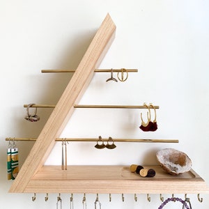 Hickory Jewelry Organizer, Hardwood, Wall Mount floating Jewelry Holder for Necklace Earring, Bracelet and Ring, Gift for Her