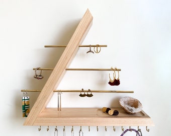 Hickory Jewelry Organizer, Hardwood, Wall Mount floating Jewelry Holder for Necklace Earring, Bracelet and Ring, Gift for Her