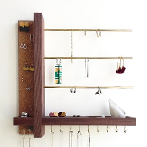 Handmade Hardwood Jewelry Organizer: Walnut, Oak, Mahogany Wall - Mounted Shelf