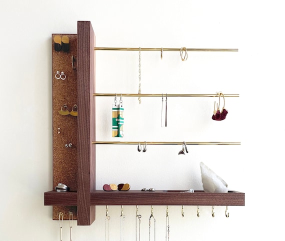 Handmade Hardwood Jewelry Organizer: Walnut, Oak, Mahogany Wall - Mounted Shelf