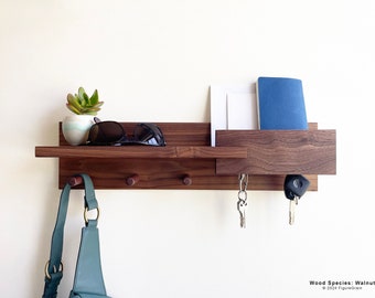 Modern Entryway Organizer, Key Holder, Wall Mount Coat Rack with Shelf, Mail Organizer, Exotic Hardwood Entryway Organization for Home Decor