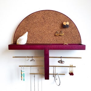 Purpleheart Jewelry Organizer, Hardwood Wall Mount Floating Shelf Jewelry Holder For Necklace, Stud Earring, Dangle and Ring, Gift for Her