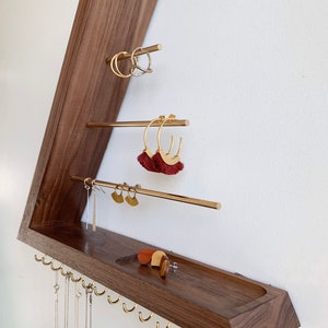 Walnut Jewelry Organizer, Wall Mount floating Jewelry Holder, Solid Hardwood,Necklace Organizer, Earring Holder, Ring Holder, Gift for Her image 2