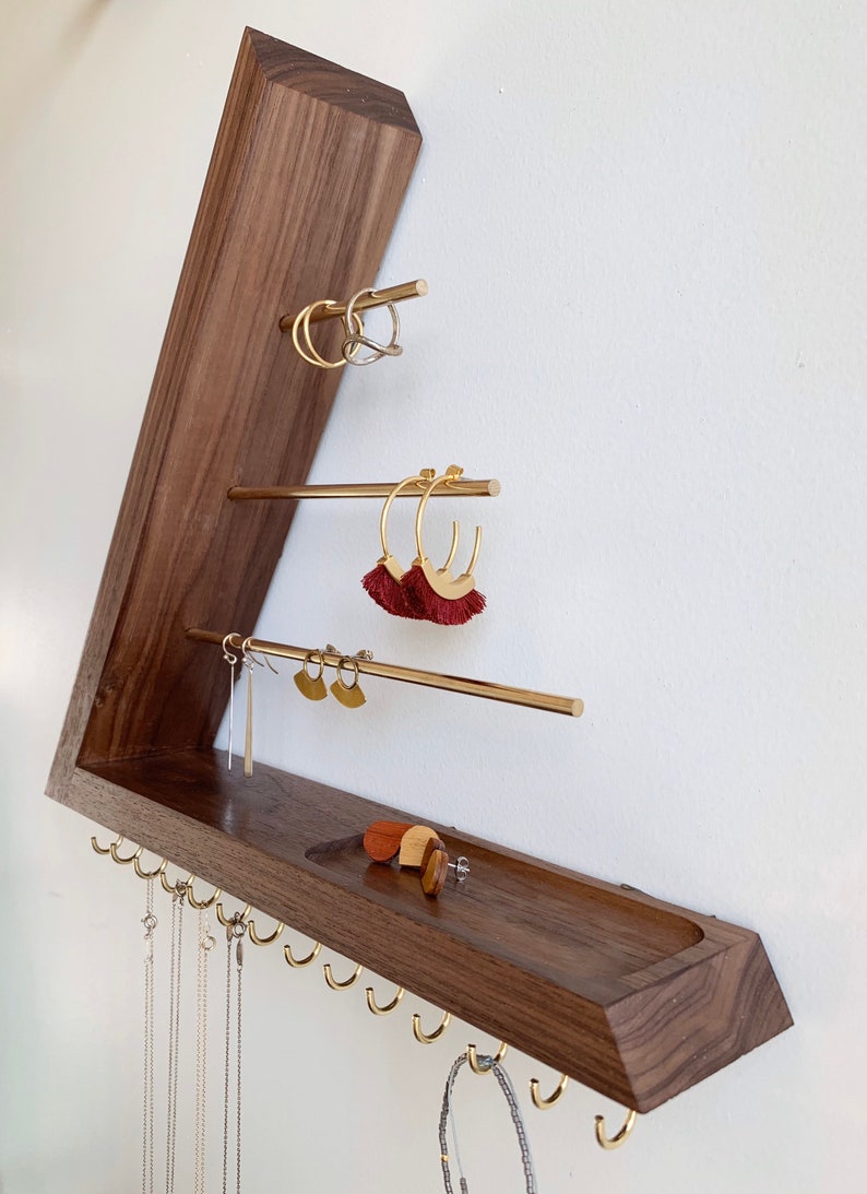 Walnut Jewelry Organizer, Wall Mount floating Jewelry Holder, Solid Hardwood,Necklace Organizer, Earring Holder, Ring Holder, Gift for Her image 2