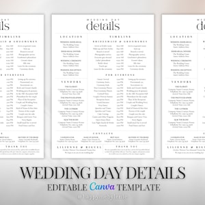 Wedding Details Template, Weekend Timeline Details, Modern Wedding Details, Minimalist Wedding Timeline, Editable Wedding Timeline Template