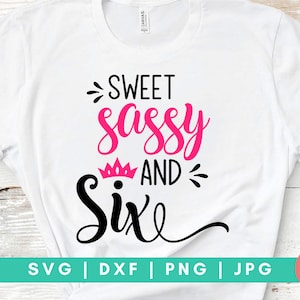 Sweet Sassy En Zes SVG, Zes jaar oud svg, Sassy Sinds geboorte SVG, Sassy SVG, Verjaardag shirt svg, 6e verjaardag svg, dxf en png gesneden bestanden