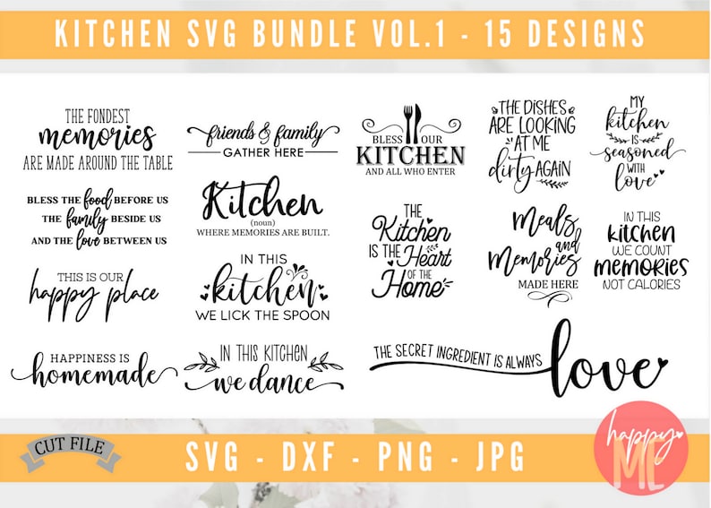 May include: A set of 15 black and white kitchen SVG designs. The designs feature various kitchen-themed quotes and sayings, such as "The fondest memories are made around the table", "Friends & family gather here", "Kitchen (noun) where memories are built", "In this kitchen we lick the spoon", "Bless our kitchen and all who enter", "The kitchen is the heart of the home", "The dishes are looking at me dirty again", "My kitchen is seasoned with love", "Meals and memories made here", "In this kitchen we count memories not calories", "Happiness is homemade", "In this kitchen we dance", and "The secret ingredient is always love".
