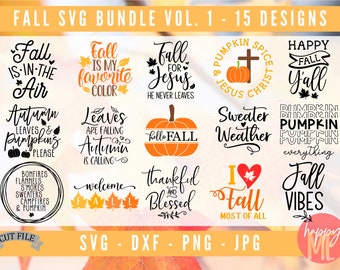 Pode incluir: Um conjunto de 15 designs SVG com tema de outono, incluindo frases como "O outono é a minha cor favorita", "Cair por Jesus", "Especiarias de abóbora e Jesus Cristo", e "Vibrações de outono".