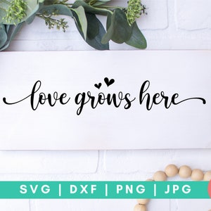 May include: White wooden sign with black calligraphy that reads "love grows here" with two small black hearts above the text.