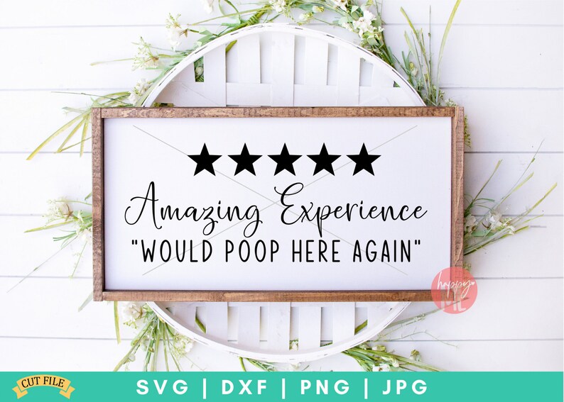 K&ouml;nnte beinhalten: Ein wei&szlig;es Holzschild mit braunem Rahmen, auf dem f&uuml;nf schwarze Sterne und der Text "Amazing Experience "Would Poop Here Again" zu sehen sind.