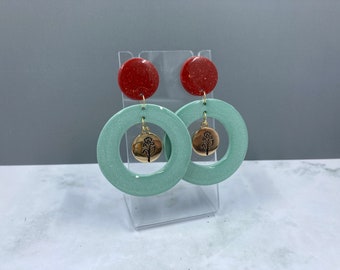 Sparkly Clay Layered Circle Earrings - Sea Foam Green and Red | One of a Kind