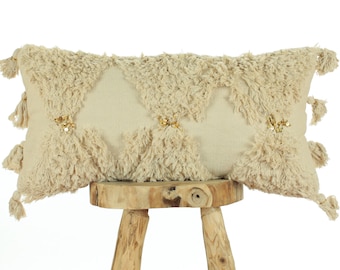 Textured Ivory Boho Pillow with Tassels, Beige Bohemian Cushion Cover, Lumbar 60 x 30cm