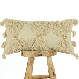 Textured Ivory Boho Pillow with Tassels, Beige Bohemian Cushion Cover, Lumbar 60 x 30cm