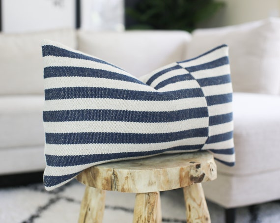 Navy Blue Coastal Stripe Pillow Navy Lumbar Stripe Cushion Cover Size 30 X 50 Etsy