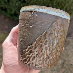 Mountain and stars scenery - blue glaze - handmade ceramic cup