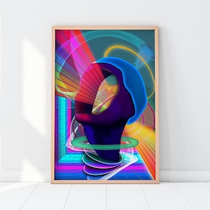 May include: Abstract digital art print featuring a 3D rendering of a head with a blue and purple color scheme. The head is surrounded by colorful geometric shapes and lines.