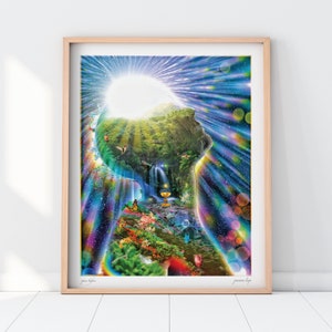 May include: A colorful abstract art print featuring a human silhouette with a waterfall, flowers, and butterflies. The background is a vibrant blue with streaks of light and stars. The text "grace before" and "gratitude after" is at the bottom of the print.