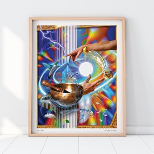 May include: A colorful abstract painting with a golden frame. The painting features a hummingbird, a singing bowl, a hand holding a sphere, and a butterfly. The background is a mix of blue, purple, and yellow.