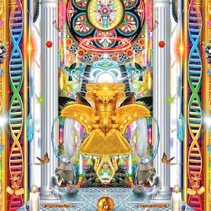 Könnte beinhalten: Ein farbenfrohes, psychedelisches Kunstwerk mit einer goldenen, geflügelten Figur mit einer Krone. Die Figur ist von einem mandalaartigen Design mit komplizierten Details umgeben. Das Kunstwerk wird von zwei weißen Säulen und zwei DNA-Strängen eingerahmt. Der Text "SPACE BEFORE THOUGHT" befindet sich am unteren Rand des Kunstwerks.