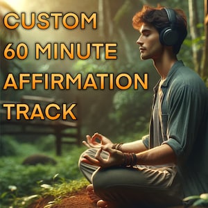 May include: A man wearing headphones sits cross-legged in a forest setting, meditating. The text "CUSTOM 60 MINUTE AFFIRMATION TRACK" is overlaid on the image.