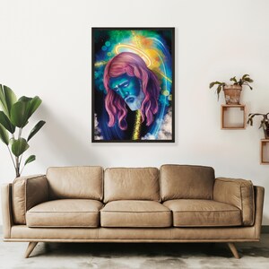 May include: A digital painting of a person's head with a halo, surrounded by a swirling galaxy of blue, green, and yellow colors.