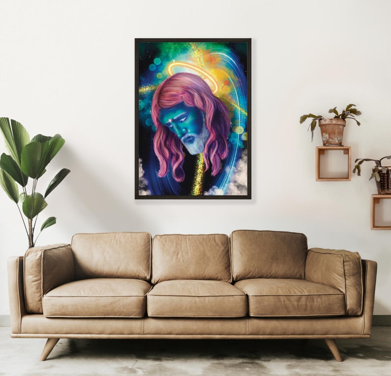 May include: A digital painting of a person's head with a halo, surrounded by a swirling galaxy of blue, green, and yellow colors.
