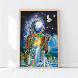 May include: A colorful and abstract painting of a woman with a rainbow flowing from her heart. The woman is surrounded by stars, a moon, and a dove. The painting is set against a dark blue background.