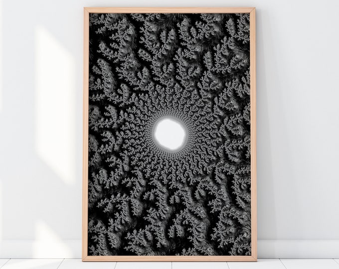 Black and White Fractal Art Giclée Print – Minimalist Mandelbrot, Fibonacci
