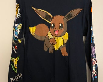 Fully Handpainted Unisex Lux Blk design POKEMON Eevee “EVEELOUTIONS” Navy Color Long sleeve graphic shirt cartoon SM