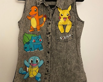 Handpainted Pokemon Distressed Pikachu squirtle charmander bulbasaur ON mesh button down shirt cartoon medium