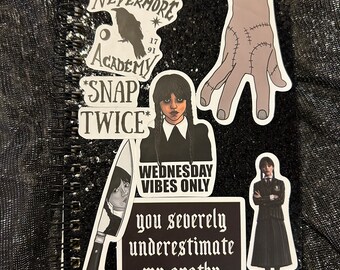 Handmade Wednesday Addams snap twice nevermore academy aesthetic goth Black Glitter stickers shiny book notebook journal with gift bag