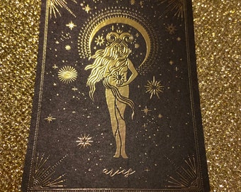 Astrology Astrological ARIES Fire maiden Black Gold foil Embossed washi paper vinyl mystical witch stars durable laptop skate sticker decal