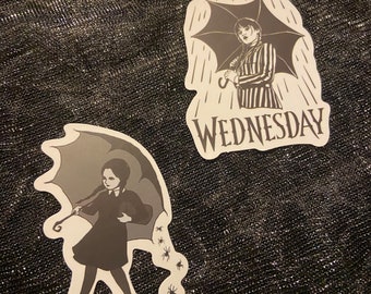 Set of 2 Wednesday Addams umbrella gothic black white ortega ricci rain darkness decal vinyl stickers laptop car book