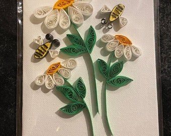 Handmade Quilling Canvas art with back Magnet piece daisy flowers paper Bumblebee bees wall decor