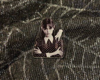 Wednesday Addams with thing black white digital transfer Resin jacket bag brooch clip pin