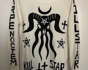Handpainted Lux Blk Carpe Noctem night Cthulhu moon Occult star ram brand skull goth long sleeve graphic shirt