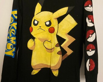 Handpainted Lux Blk detective pikachu Pokemon Battle stance Pikachu pokeball glitter navy long sleeve shirt SM