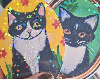 Cat stickers with holographic glitter – black and white cat, vintage cat portrait or floral motif, gift for cat lovers