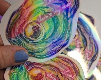 Holographic oyster sticker with pearl – hand-drawn shell sticker with the saying "Look there is my pearl"